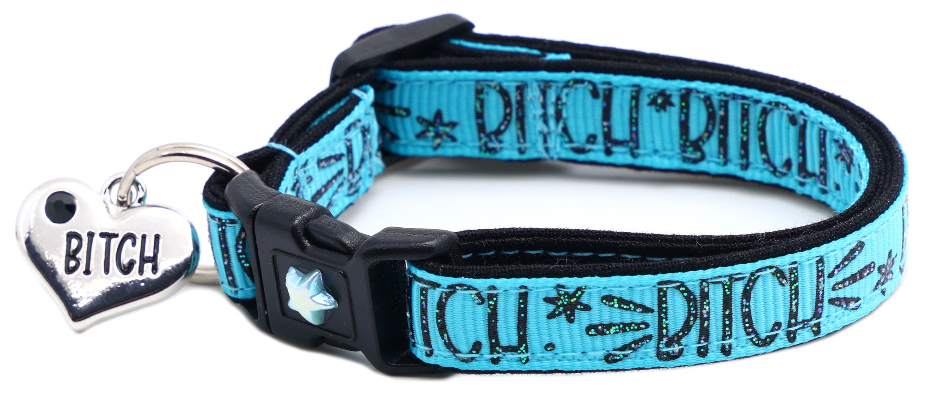 Bitch 2 Breakaway Cat Collar in reinforced cotton with breakaway clips and removable bell, available in various sizes.